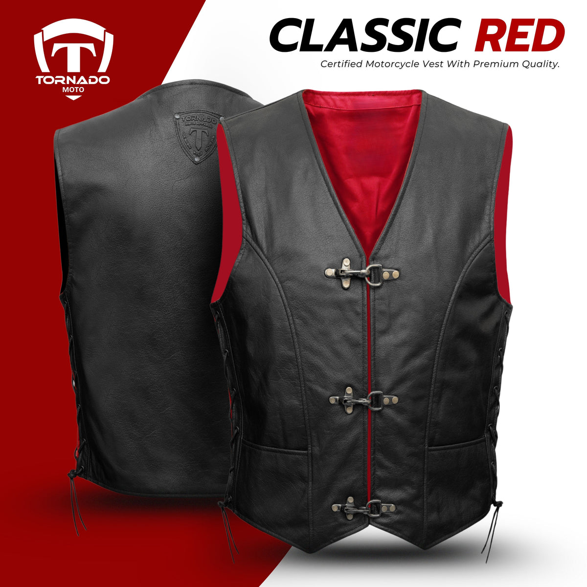 “Tornado Men's Genuine Leather Motorbike Waistcoat | Classic Red Lining | Fish Buckle Closure & Adjustable Side Laces”