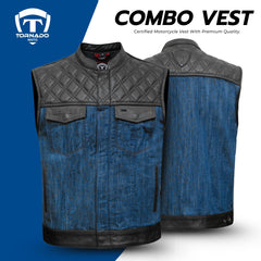 Tornado Motorcycle Vest for Men – Blue Denim & Black Leather Sleeveless Waistcoat with Quilted Shoulders & Snap-Button Pockets – Biker Riding Style