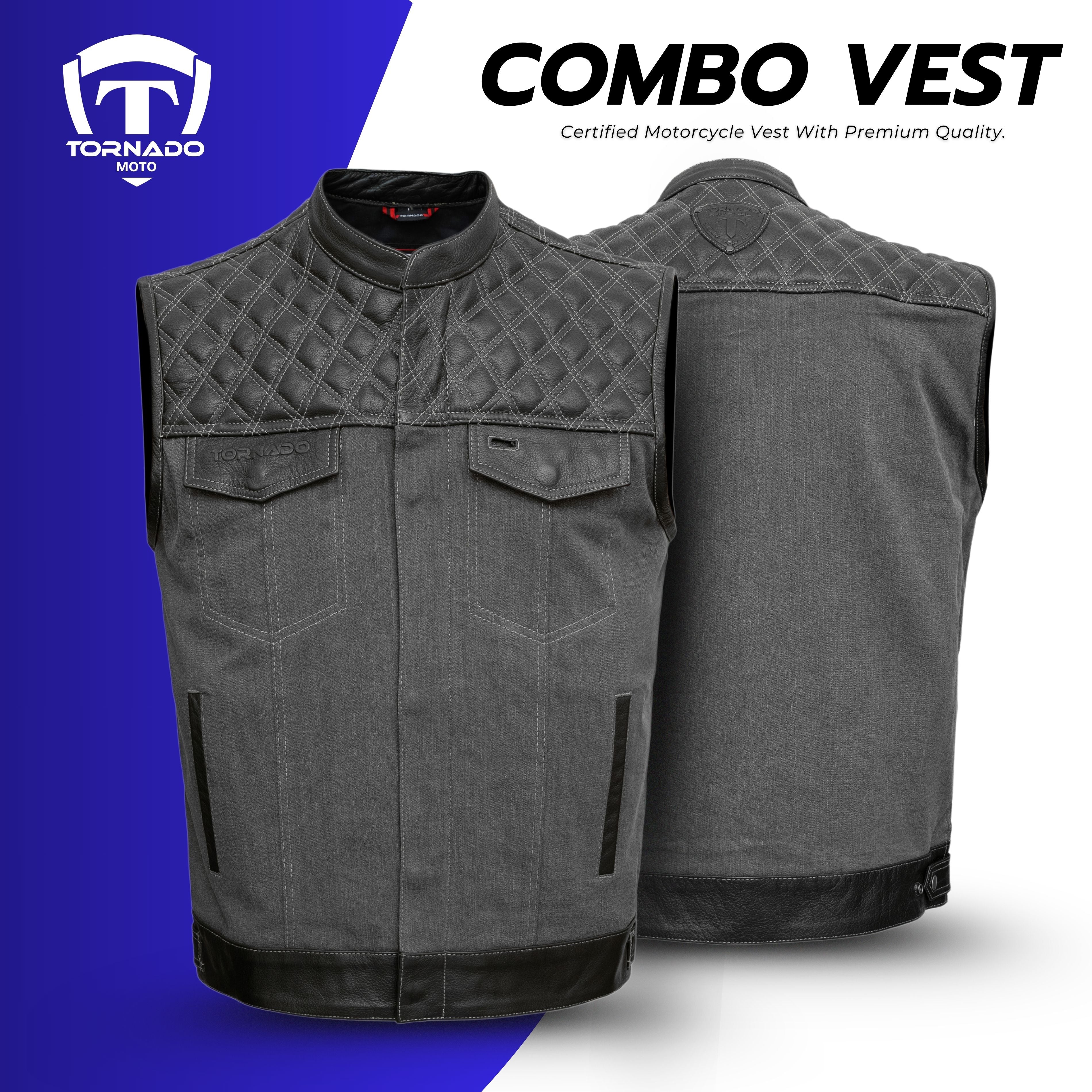Tornado Combo Leather Gray & Black Denim Vest – Edgy, Stylish, and Built for Comfort