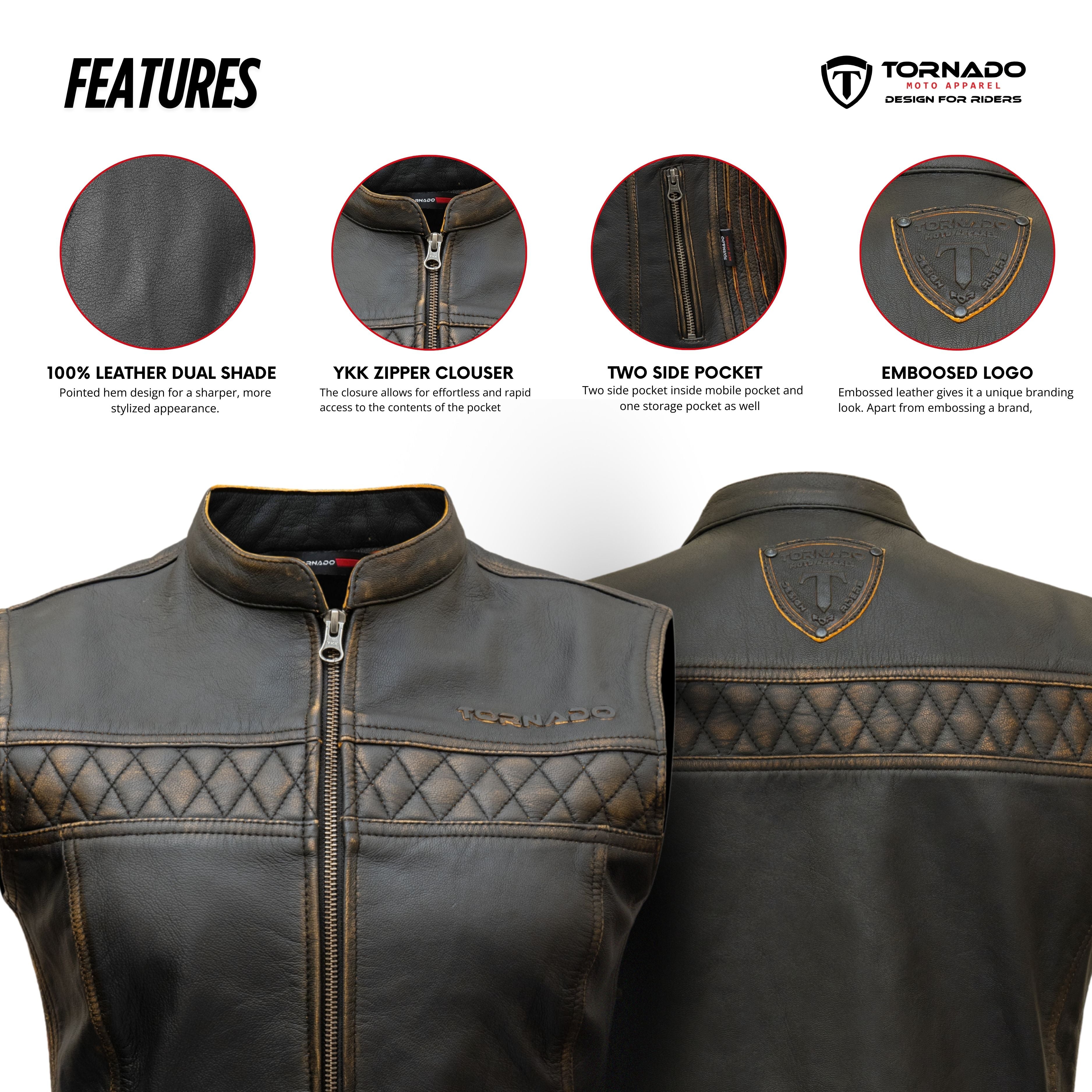 Tornado Women’s Real Leather Biker Vest – Premium Two Tone Waistcoat for Riders | Classic Style & Durable Finish