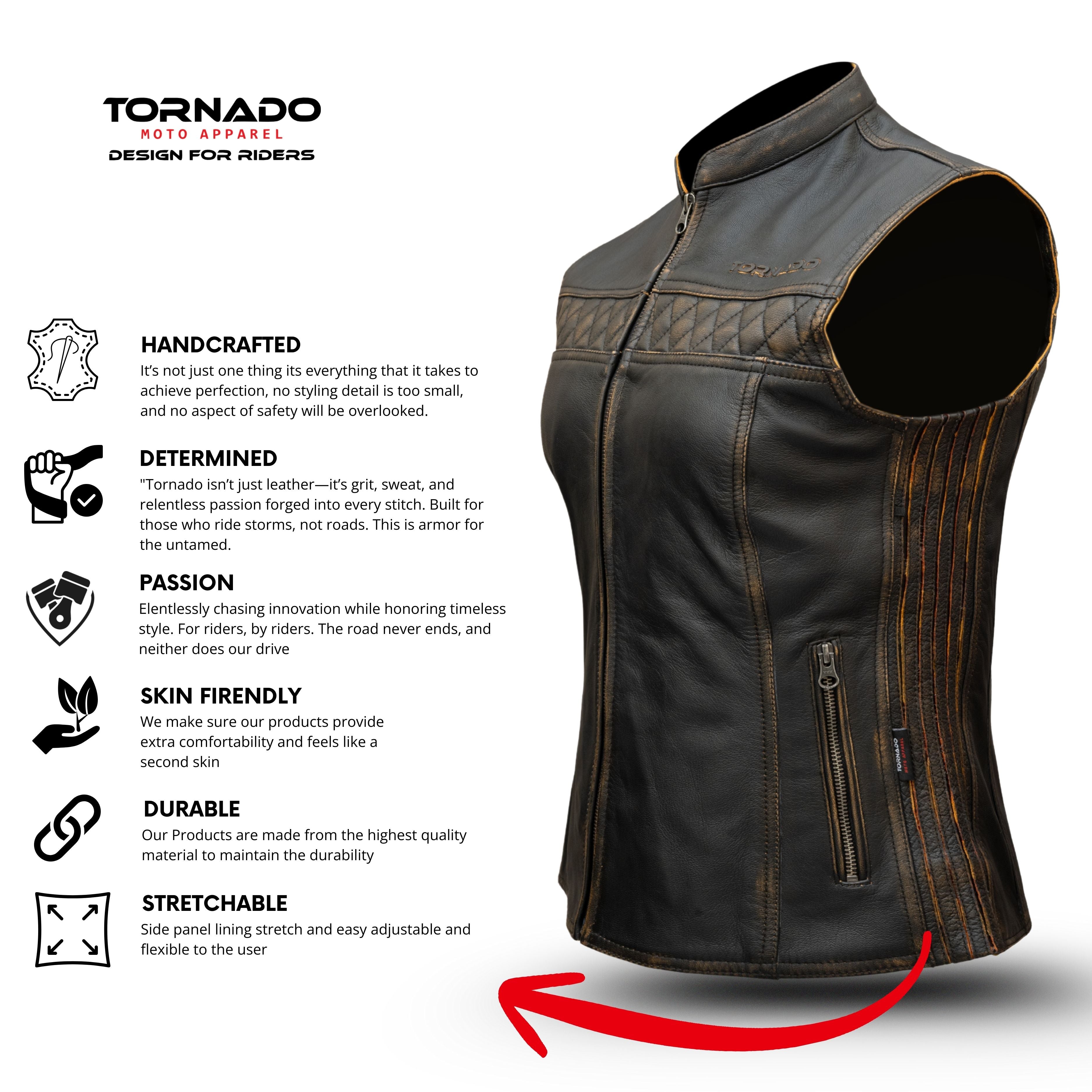 Tornado Women’s Real Leather Biker Vest – Premium Two Tone Waistcoat for Riders | Classic Style & Durable Finish