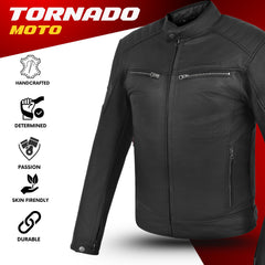 Tornado Challenger Men’s Motorcycle Leather Jacket  Genuine Cowhide Touring Biker Jacket with CE Approved Armour and Heavy Duty Zippers