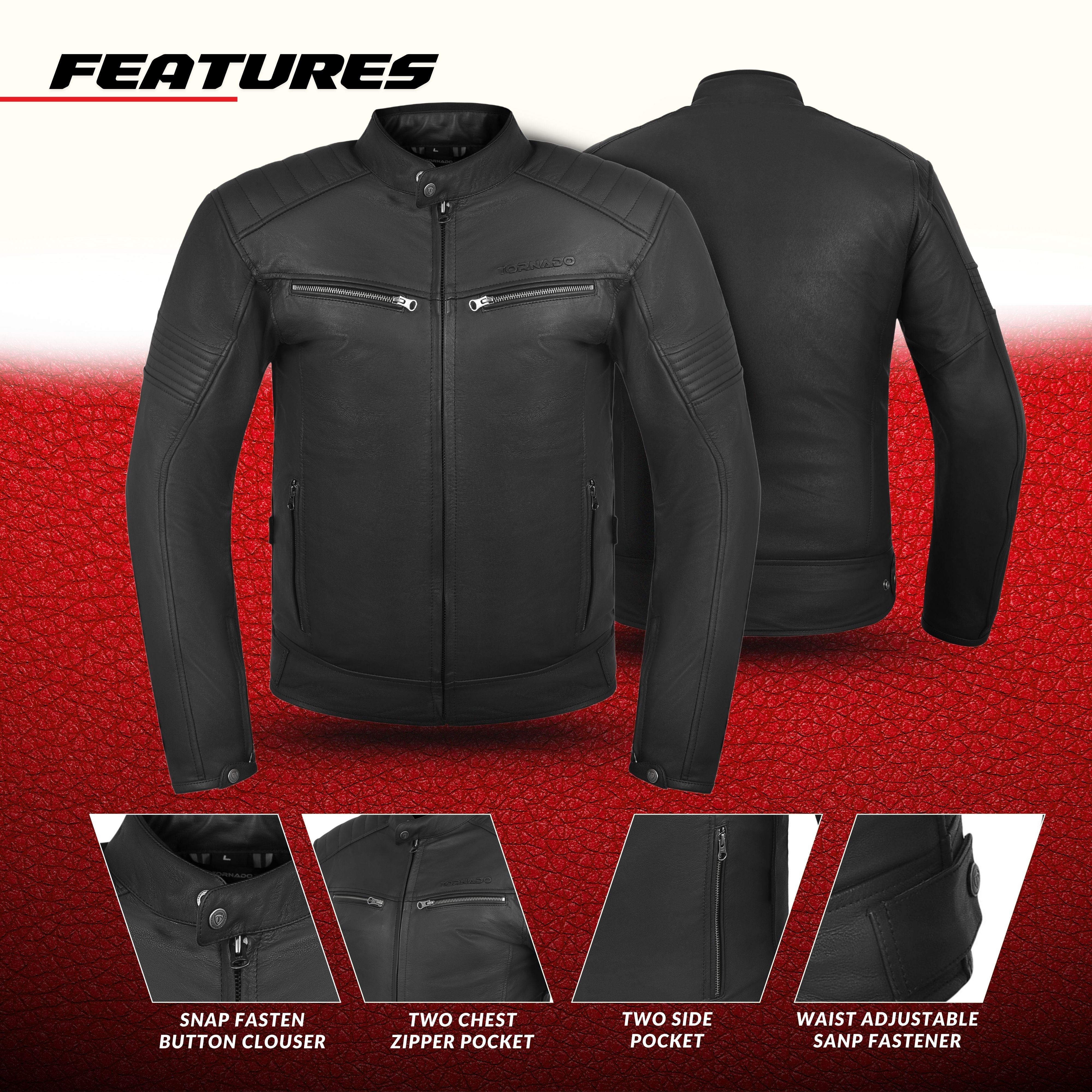 Tornado Challenger Men’s Motorcycle Leather Jacket  Genuine Cowhide Touring Biker Jacket with CE Approved Armour and Heavy Duty Zippers