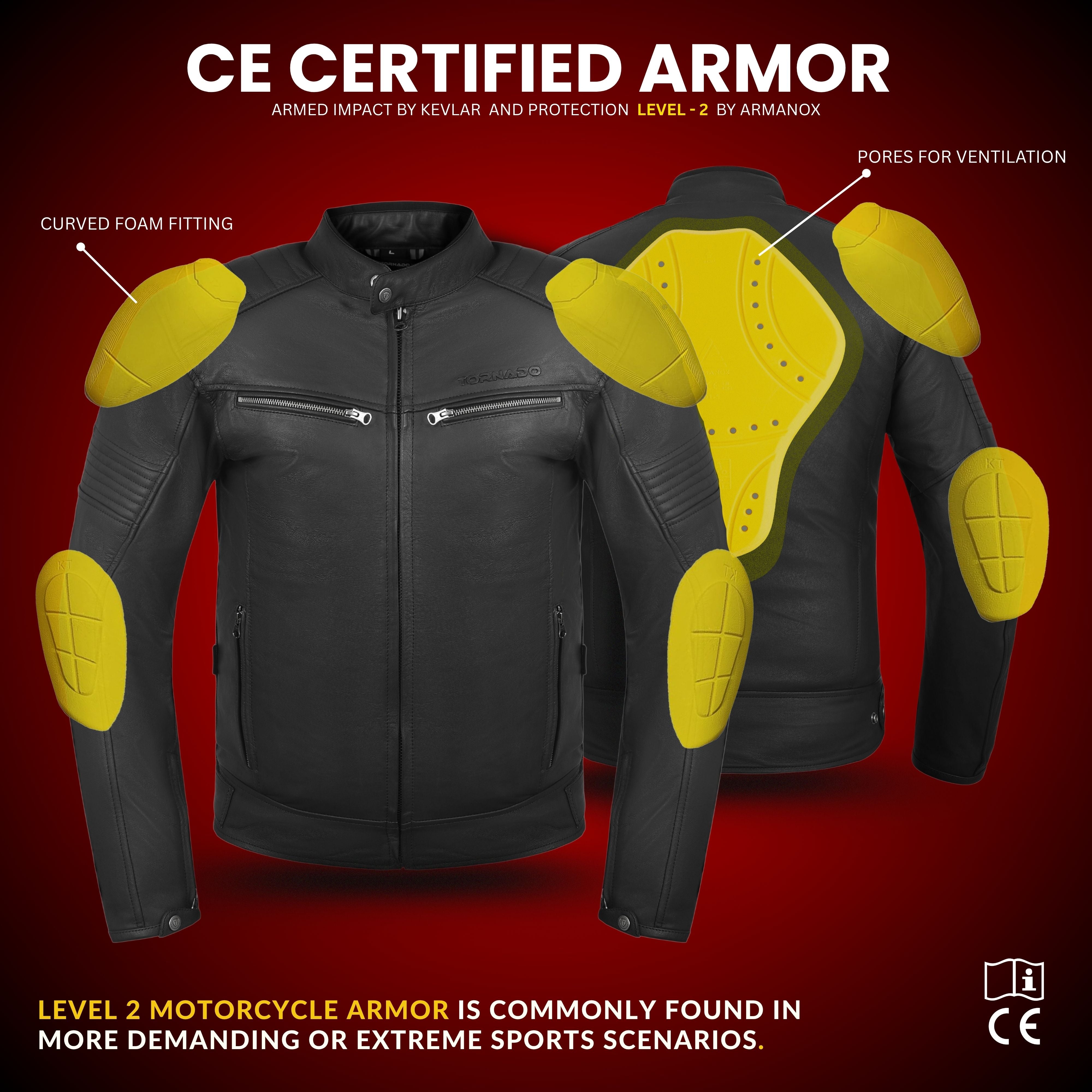 Tornado Challenger Men’s Motorcycle Leather Jacket  Genuine Cowhide Touring Biker Jacket with CE Approved Armour and Heavy Duty Zippers