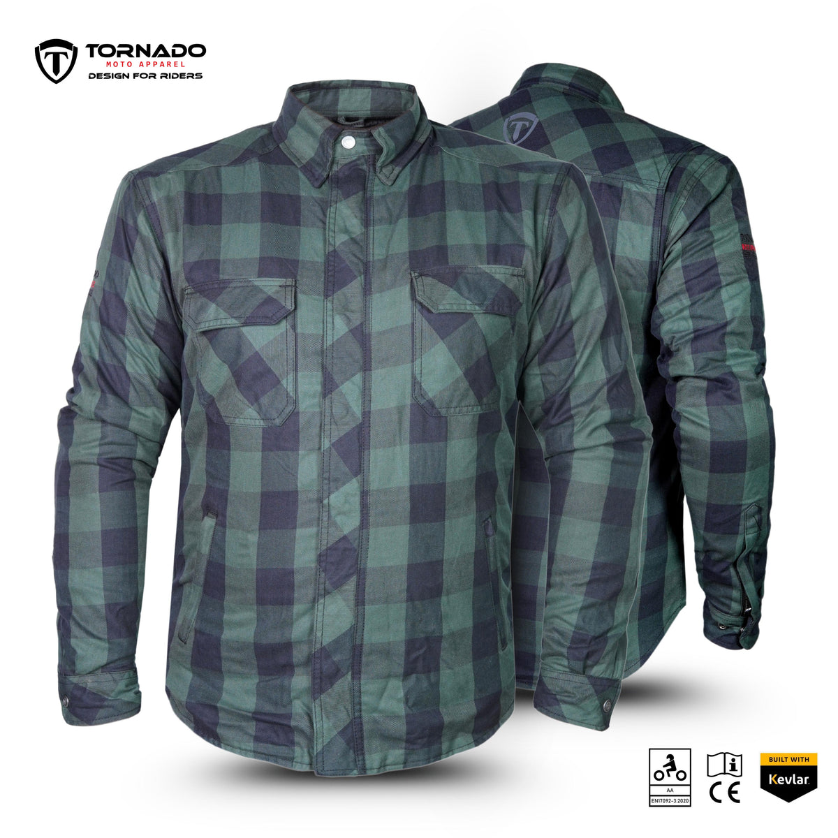 Motorcycle Impact Shirt – AA Kevlar Aramid Lined with CE Armour Protection (Green/Black)