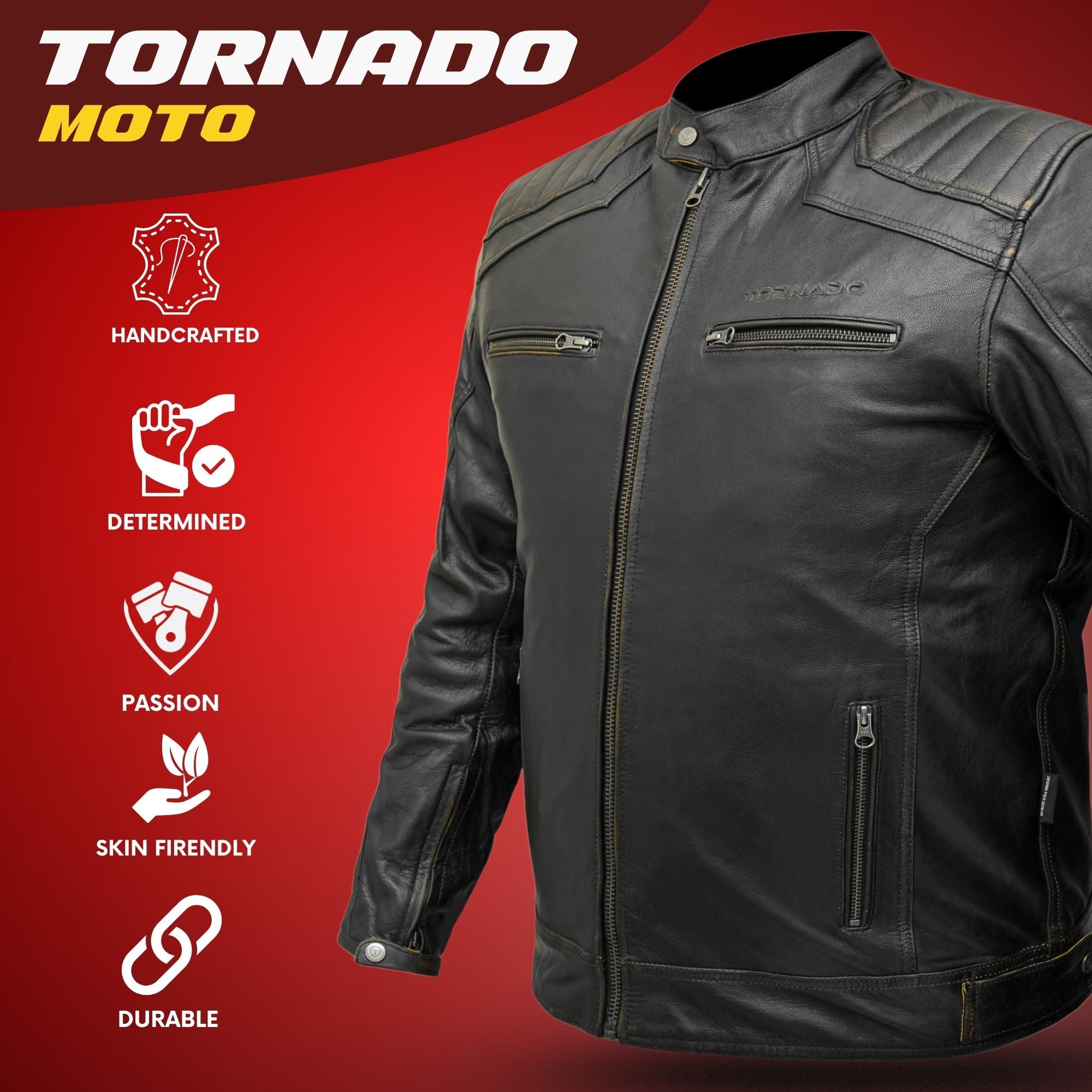 Tornado ROWDY Mens Motorcycle Touring Motorbike Genuine Real Pure Leather Jacket Fancy Clothing Dress With 5 Pockets CE Level 2 Padded Armour Protection