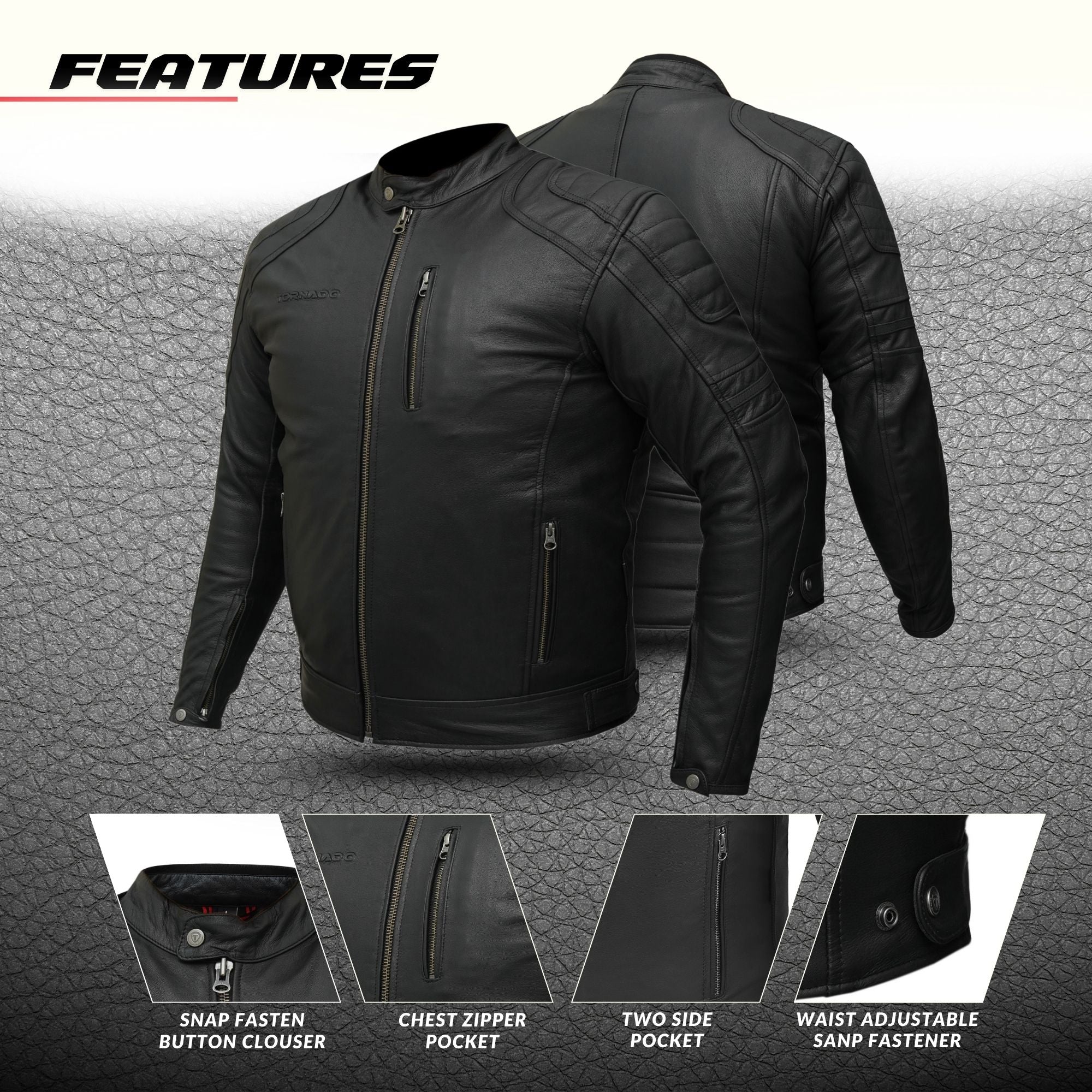 Tornado ROWDY Mens Motorcycle Touring Motorbike Genuine Real Pure Leather Jacket Fancy Clothing Dress With 5 Pockets CE Level 2 Padded Armour Protection