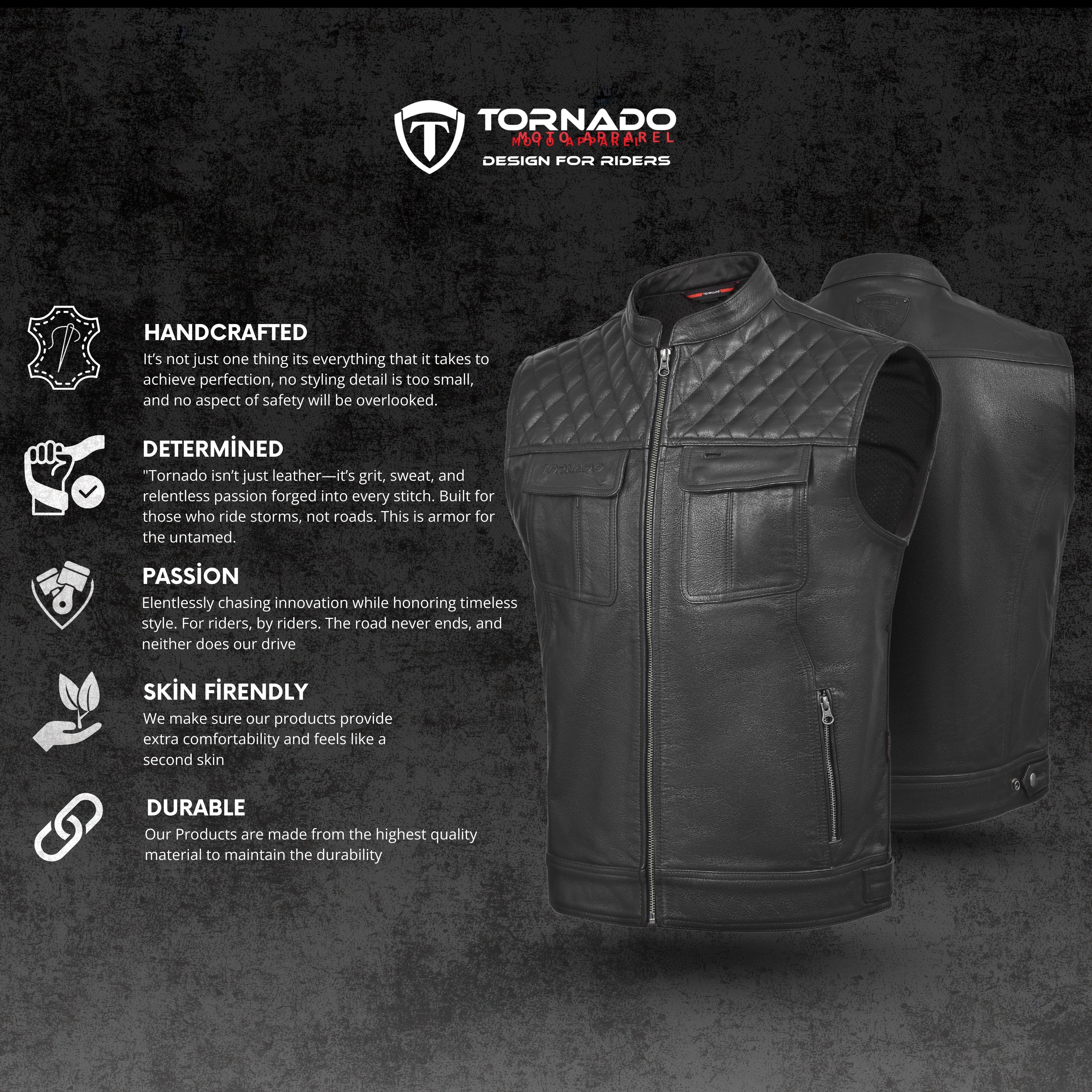 Tornado Vergas Buffalo Leather Vest  Premium Quality Biker Waistcoat with Stylish Stitching  Practical Utility Features