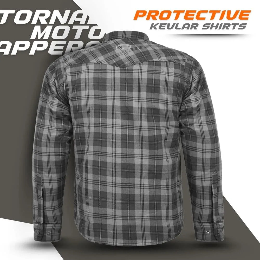 Back view of men’s black and gray plaid protective Kevlar shirt with reinforced stitching and Tornado Moto Apparel branding for motorcycle riders.