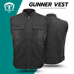 Tornado Gunner Buffalo Leather Vest  Premium Biker Waistcoat with Breathable Lining  Multiple Utility Pockets