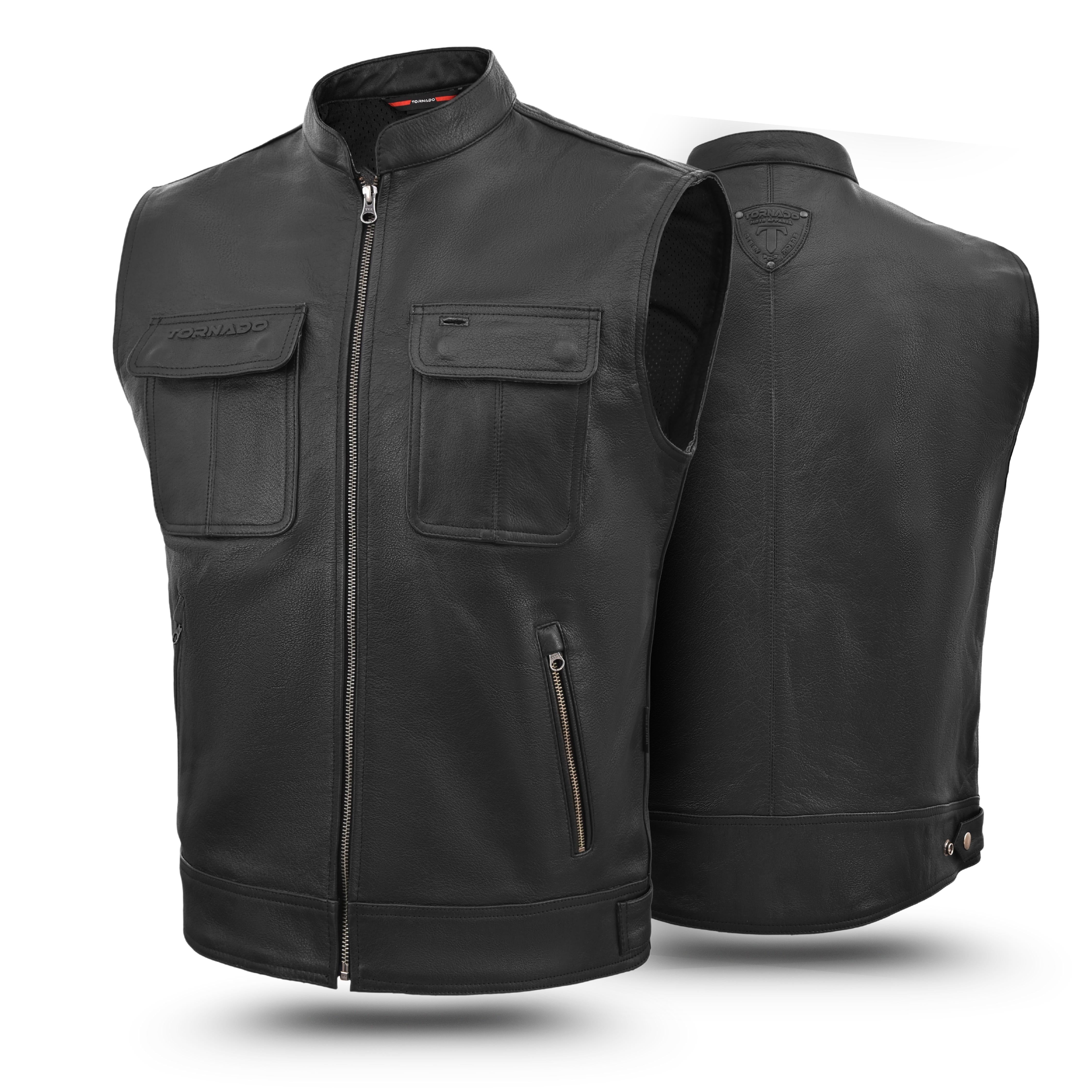 Tornado Gunner Buffalo Leather Vest  Premium Biker Waistcoat with Breathable Lining  Multiple Utility Pockets