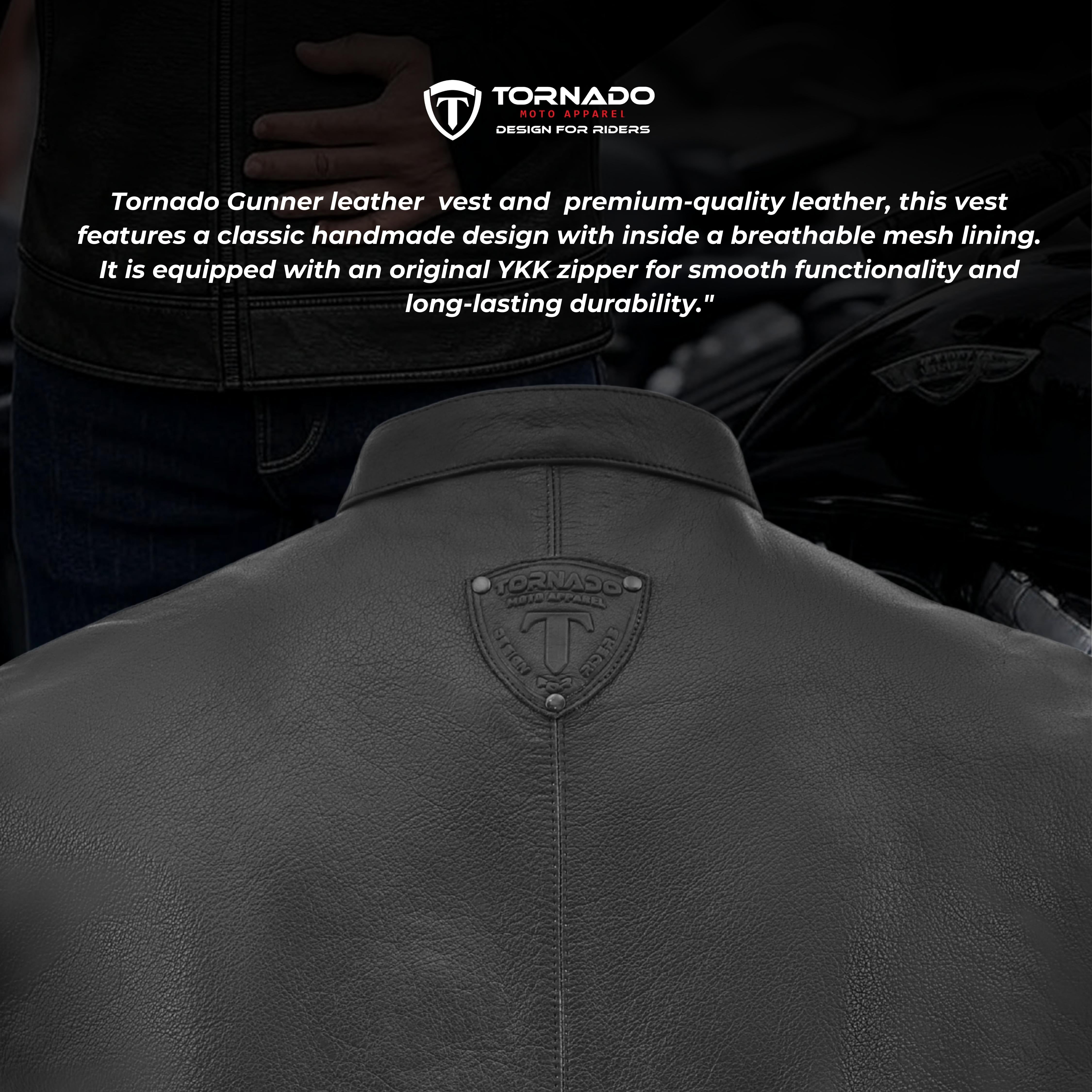 Tornado Gunner Buffalo Leather Vest  Premium Biker Waistcoat with Breathable Lining  Multiple Utility Pockets