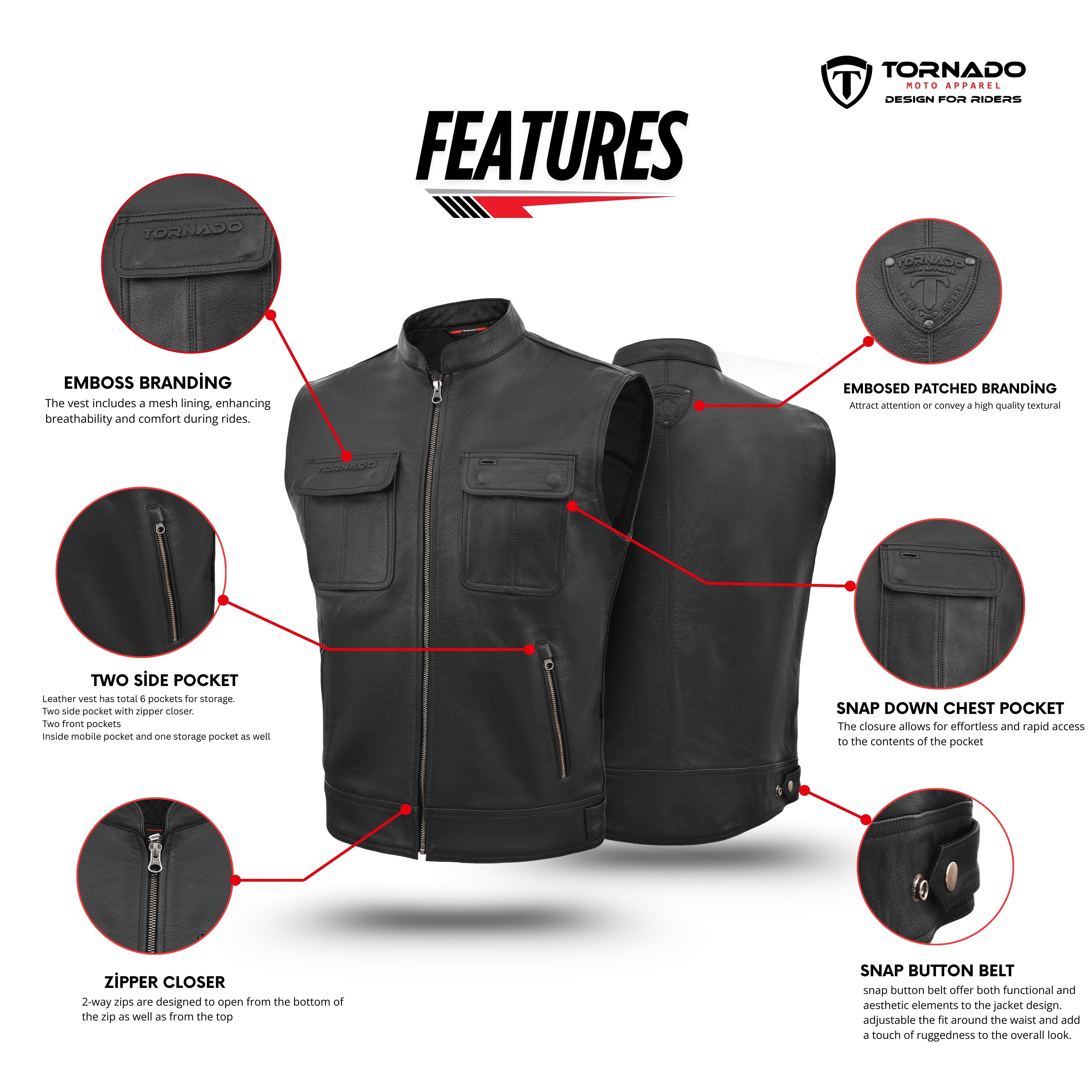 Tornado Gunner Buffalo Leather Vest  Premium Biker Waistcoat with Breathable Lining  Multiple Utility Pockets