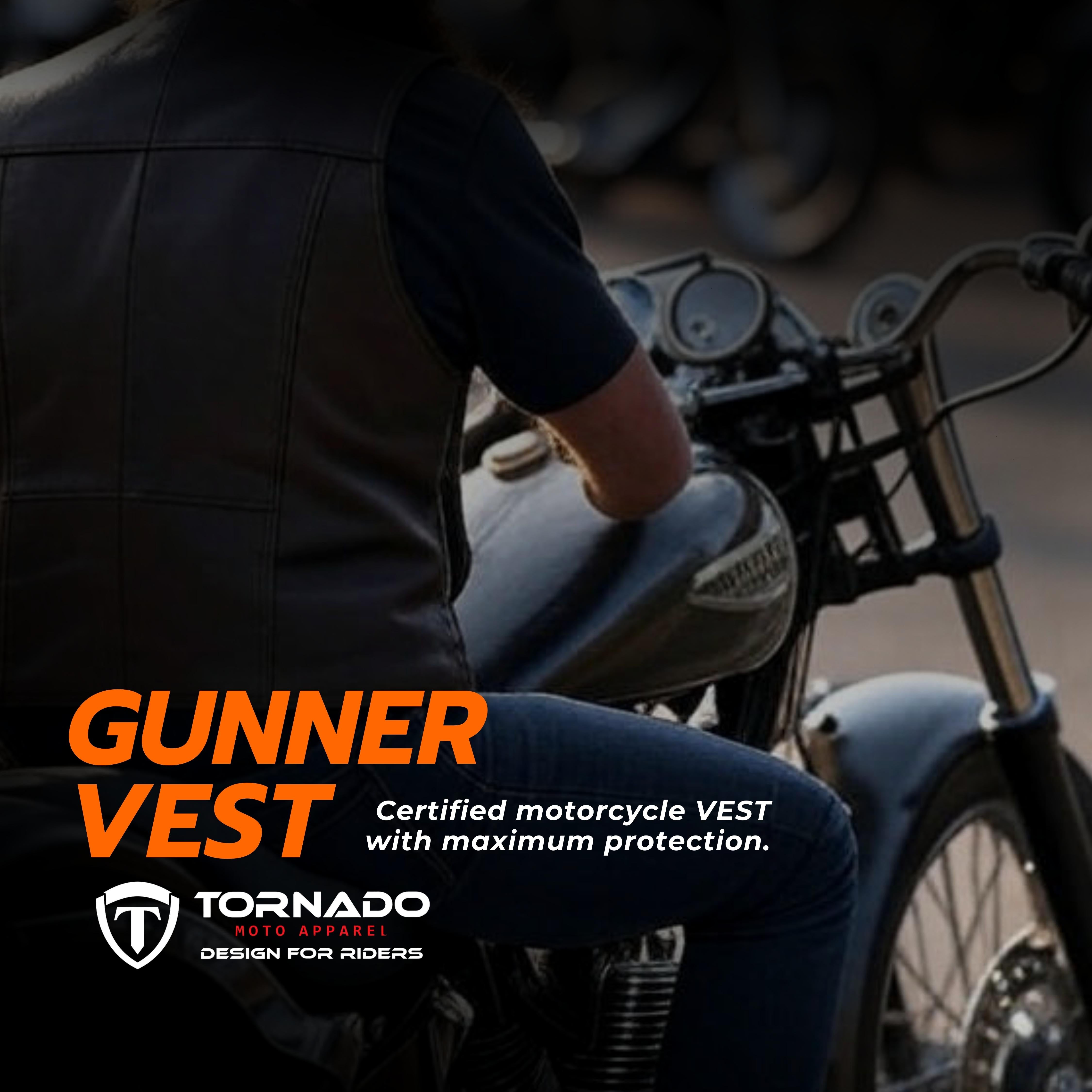 Tornado Gunner Buffalo Leather Vest  Premium Biker Waistcoat with Breathable Lining  Multiple Utility Pockets