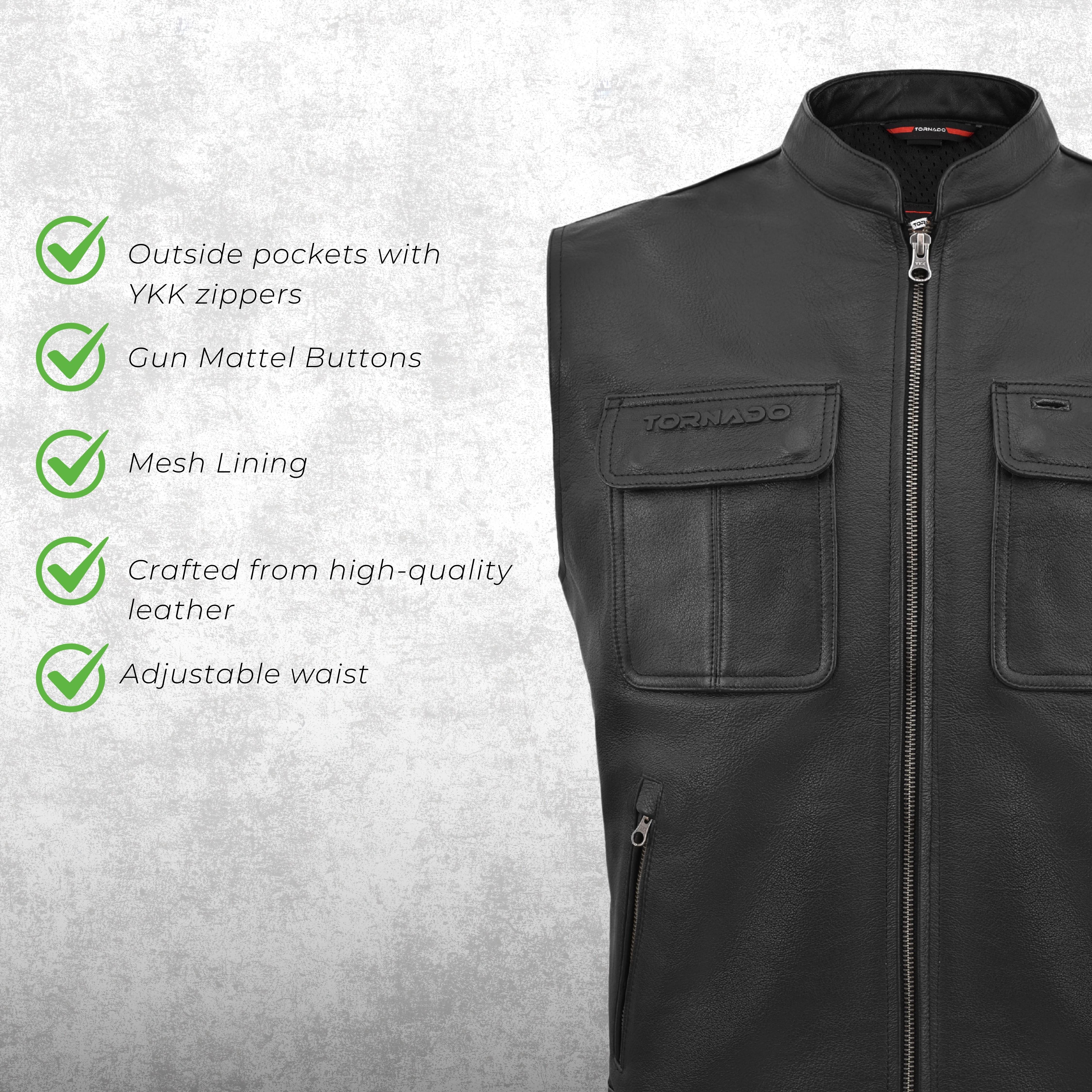 Tornado Gunner Buffalo Leather Vest  Premium Biker Waistcoat with Breathable Lining  Multiple Utility Pockets