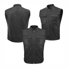 Tornado Gunner Buffalo Leather Vest  Premium Biker Waistcoat with Breathable Lining  Multiple Utility Pockets