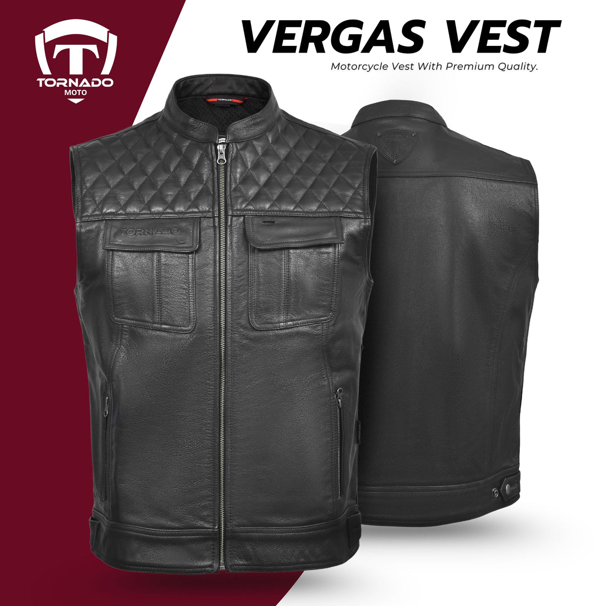 Tornado Vergas Buffalo Leather Vest  Premium Quality Biker Waistcoat with Stylish Stitching  Practical Utility Features
