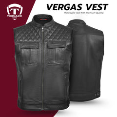 Tornado Vergas Buffalo Leather Vest  Premium Quality Biker Waistcoat with Stylish Stitching  Practical Utility Features