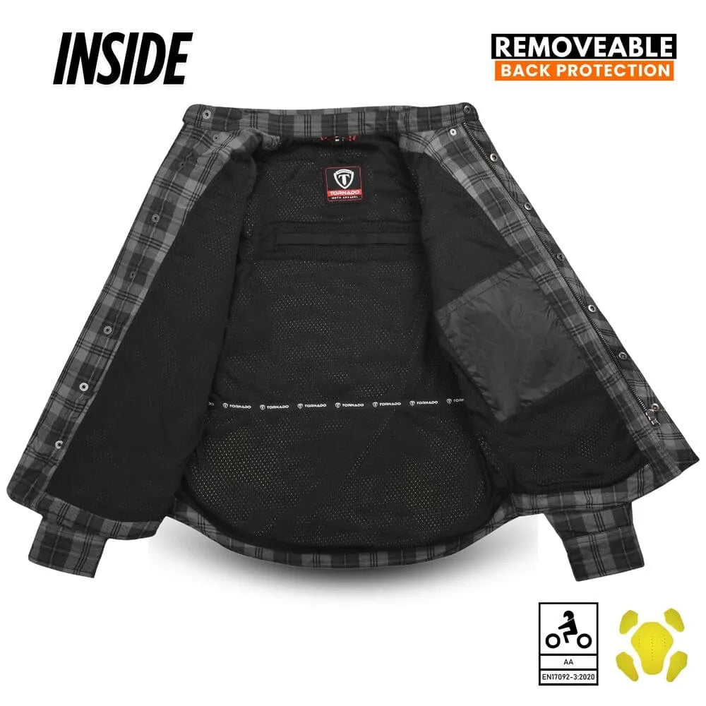 Inside view of men’s black and gray plaid Kevlar motorcycle shirt with removable back protector, mesh lining, and Tornado Moto Apparel branding.