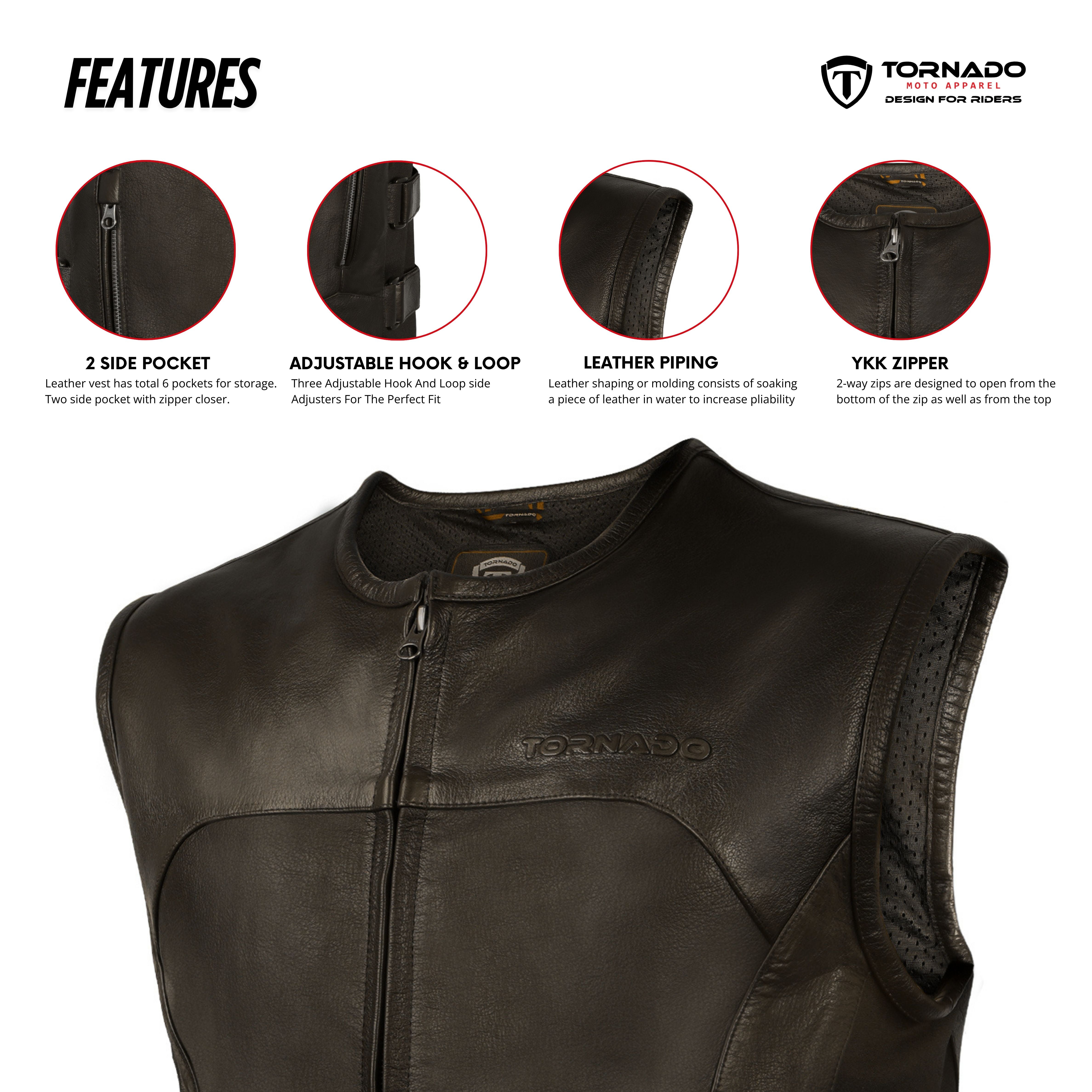 Men Genuine Leather Motorcycle Vest Classic Biker Waistcoat with Durable Stitching  Utility Pocke
