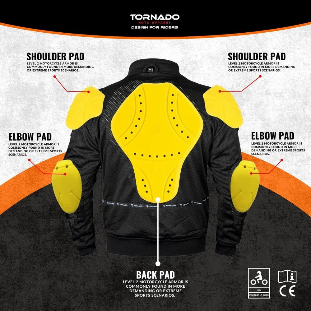 Motorcycle armor hoodie with labeled shoulder, elbow, and back pads on a black and orange background.