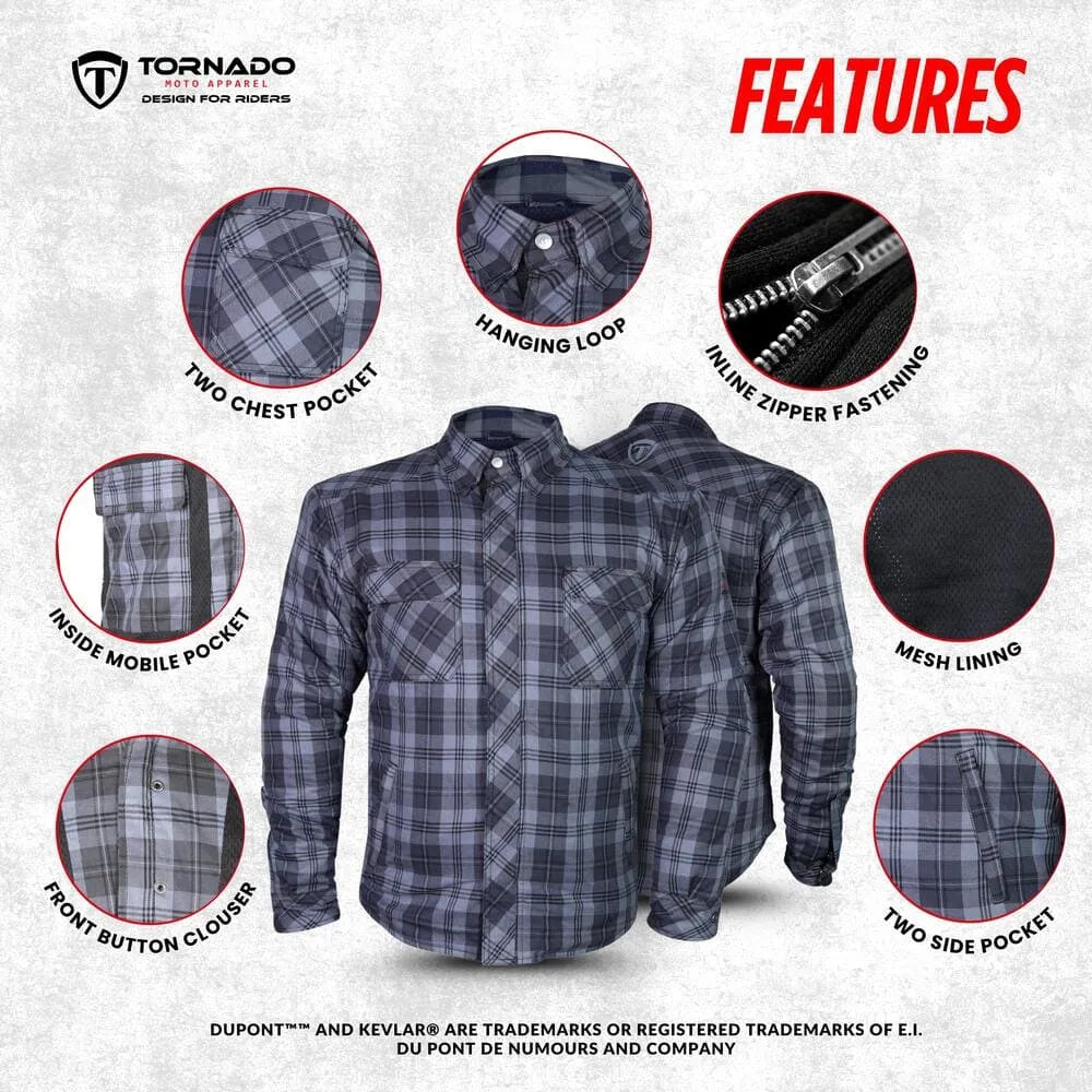 Men’s motorcycle Kevlar riding shirt displaying CE armour features and internal protective pocket