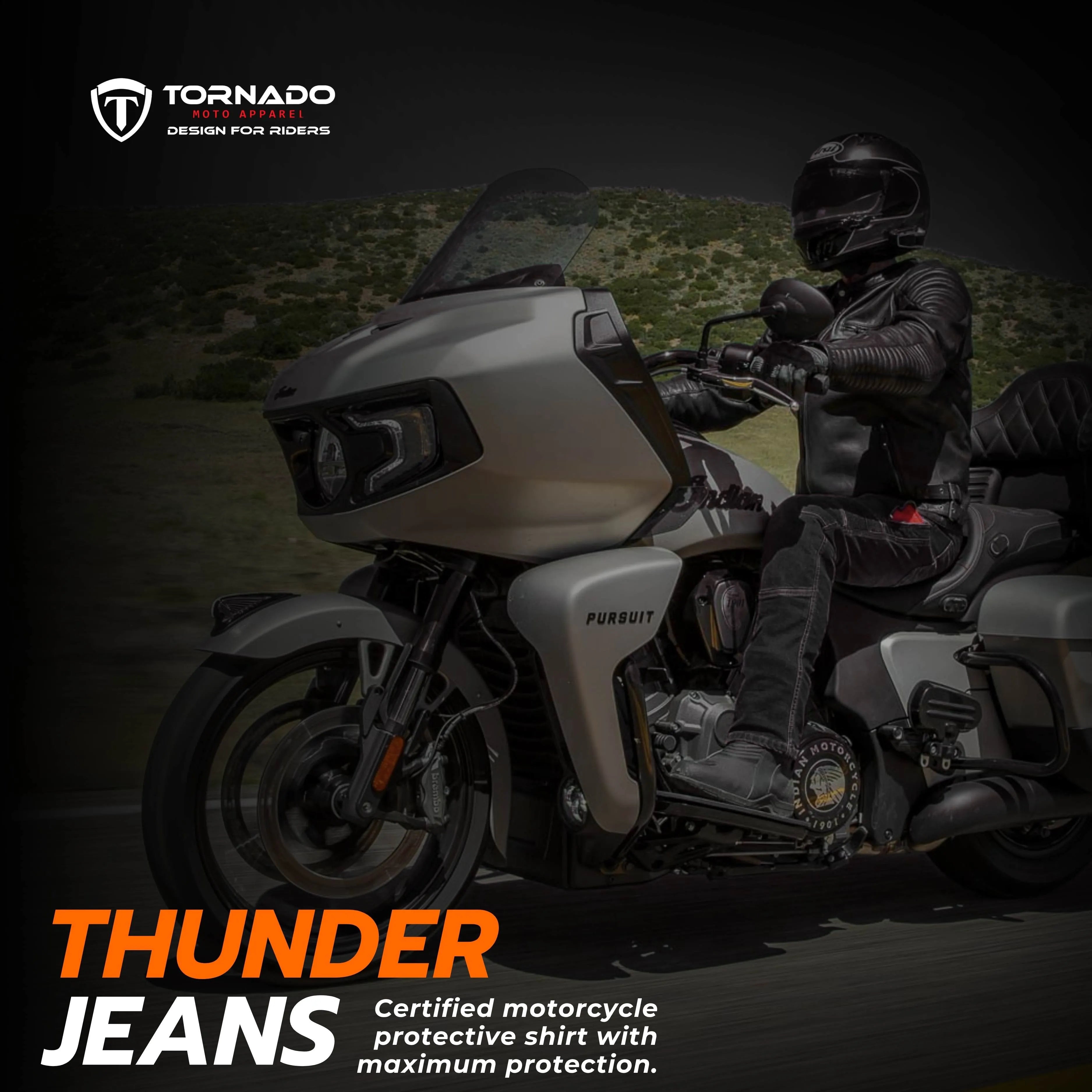 Action shot of a rider wearing men's Kevlar motorcycle jeans, demonstrating the flexibility and protection during a ride.