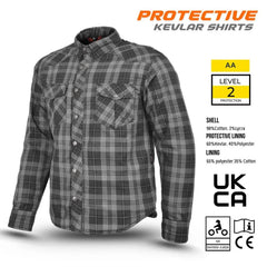Men’s black and gray plaid Kevlar motorcycle shirt with CE armor protection, reinforced pockets, and Tornado Moto Apparel branding for rider safety.