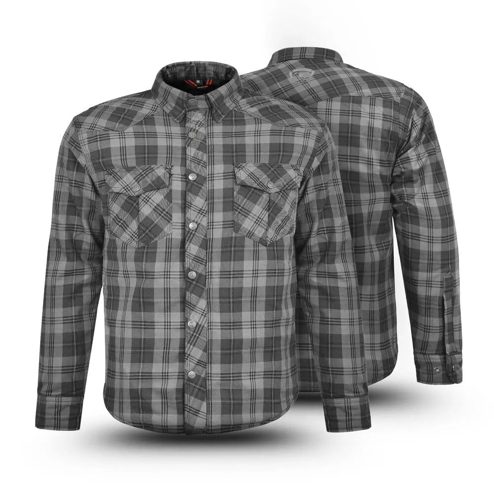 Front and back view of men’s black and gray plaid Kevlar motorcycle shirt featuring dual chest pockets and CE protective armor by Tornado Moto Apparel.