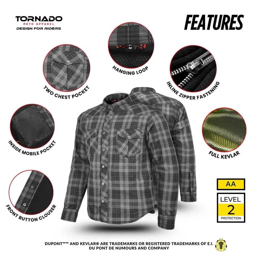 Black and gray plaid Kevlar motorcycle shirt showing features like two chest pockets, inside mobile pocket, zipper fastening, and full Kevlar lining by Tornado Moto Apparel.