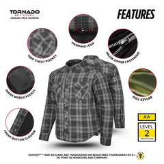 Black and gray plaid Kevlar motorcycle shirt showing features like two chest pockets, inside mobile pocket, zipper fastening, and full Kevlar lining by Tornado Moto Apparel.