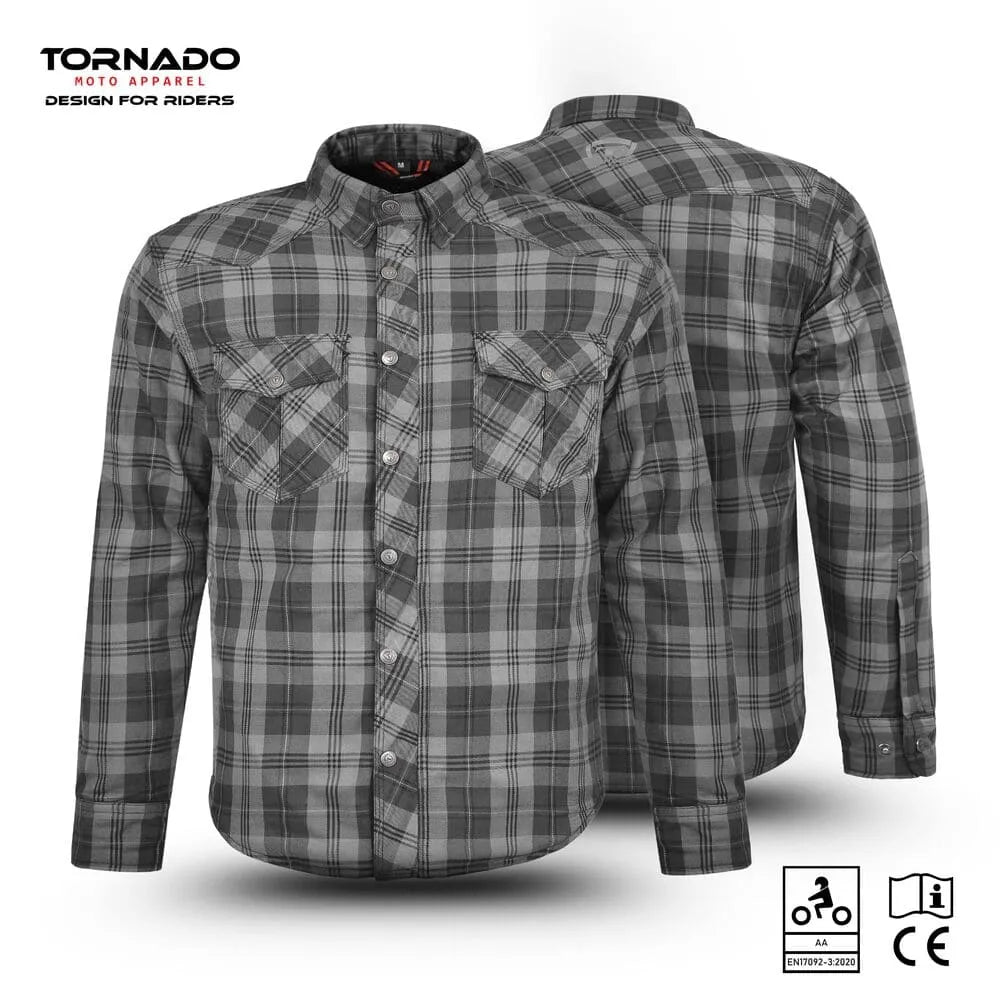 Men’s black and gray plaid motorcycle Kevlar shirt with CE armor protection and reinforced stitching, designed for riders and bikers.