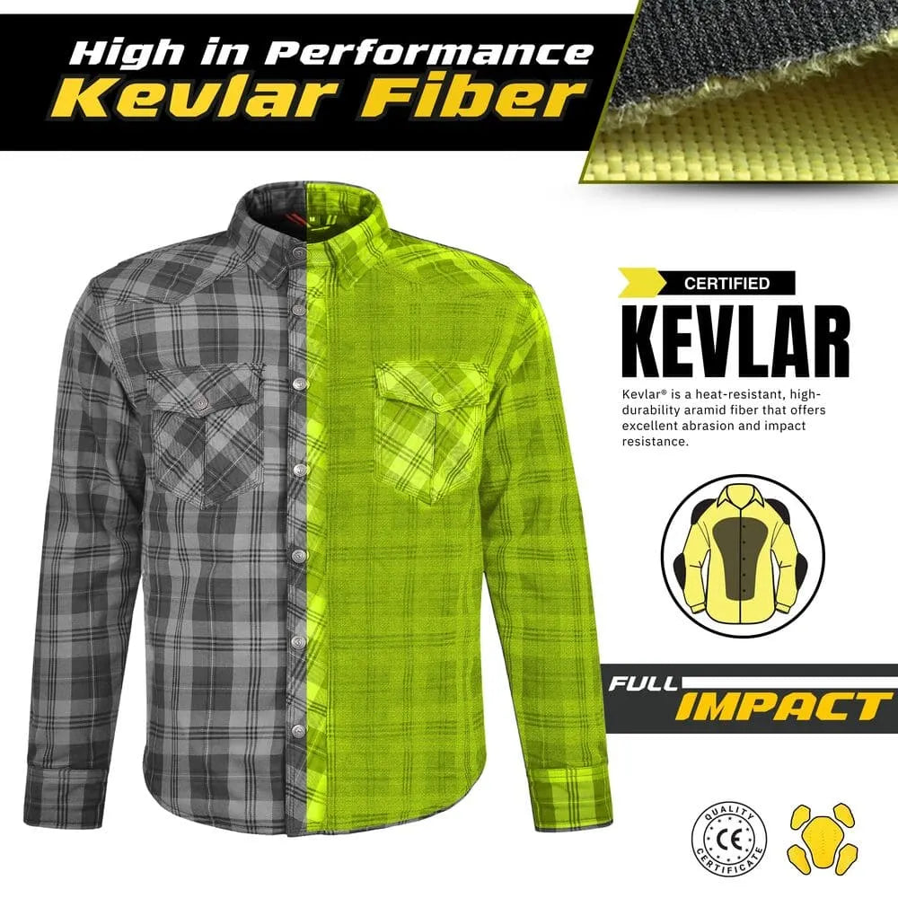 Men’s black and gray plaid shirt featuring full Kevlar lining for impact protection, made with certified Kevlar fiber offering heat and abrasion resistance.