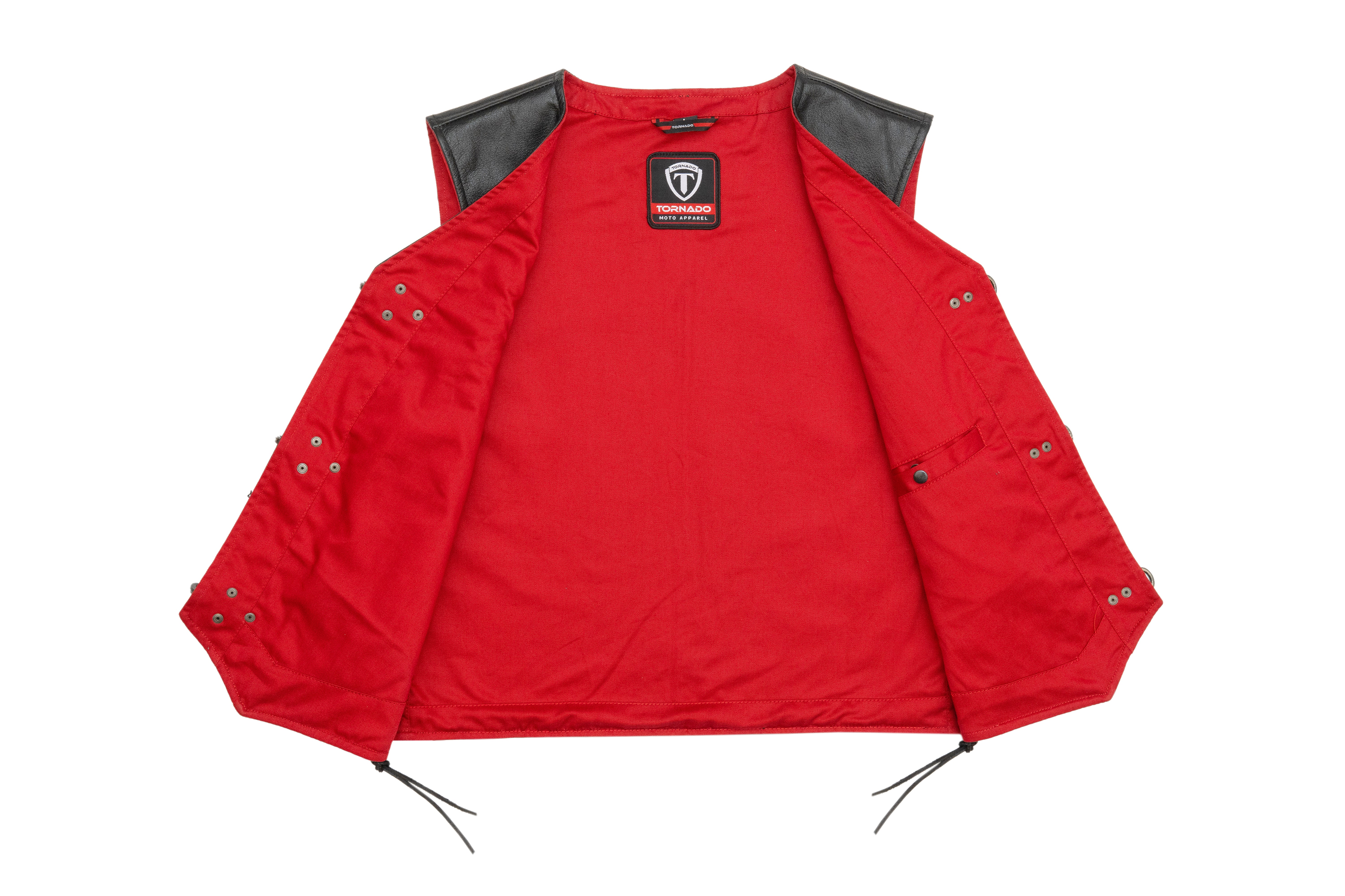 “Tornado Men's Genuine Leather Motorbike Waistcoat | Classic Red Lining | Fish Buckle Closure & Adjustable Side Laces”