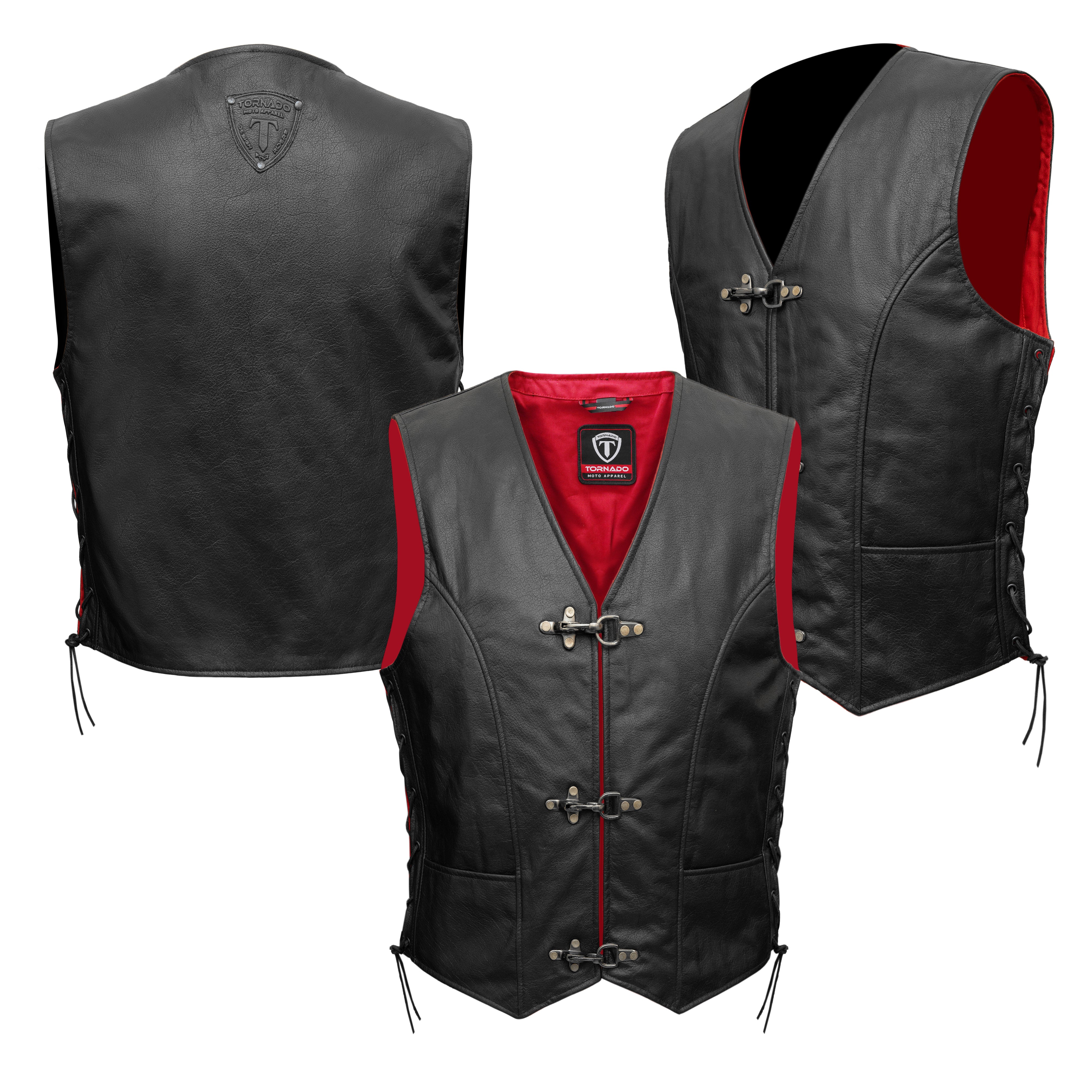 “Tornado Men's Genuine Leather Motorbike Waistcoat | Classic Red Lining | Fish Buckle Closure & Adjustable Side Laces”
