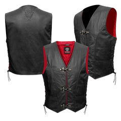 “Tornado Men's Genuine Leather Motorbike Waistcoat | Classic Red Lining | Fish Buckle Closure & Adjustable Side Laces”