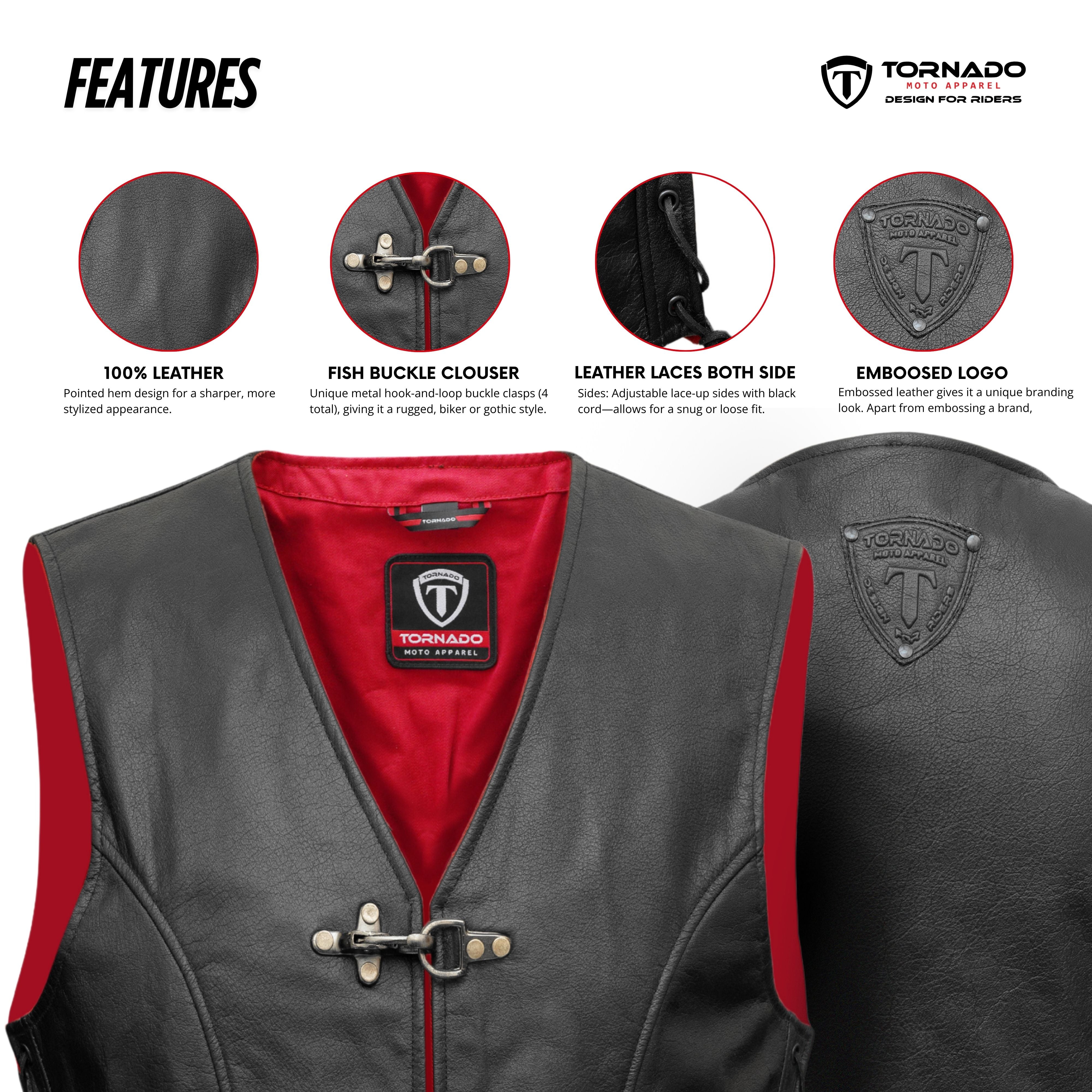 “Tornado Men's Genuine Leather Motorbike Waistcoat | Classic Red Lining | Fish Buckle Closure & Adjustable Side Laces”