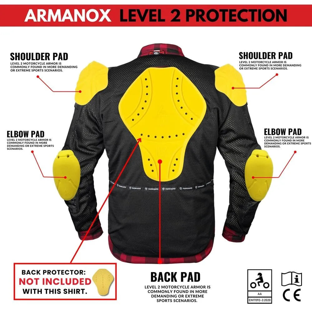 Armanox Level 2 motorcycle armor layout showing shoulder, elbow pads, and optional back protector for enhanced impact safety.