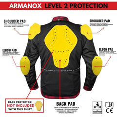 Armanox Level 2 motorcycle armor layout showing shoulder, elbow pads, and optional back protector for enhanced impact safety.