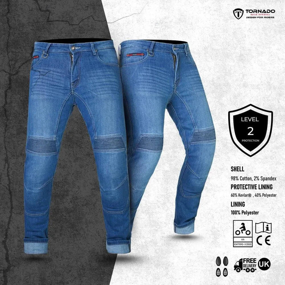 Side view of durable Kevlar motorcycle jeans with reinforced knee protection and flexible fit for comfortable riding
