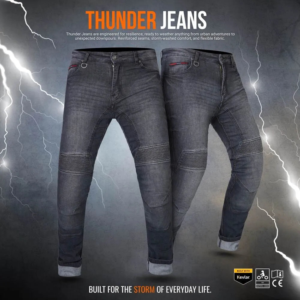 Side view of men's armoured motorcycle jeans with Kevlar lining and reinforced stitching for added protection