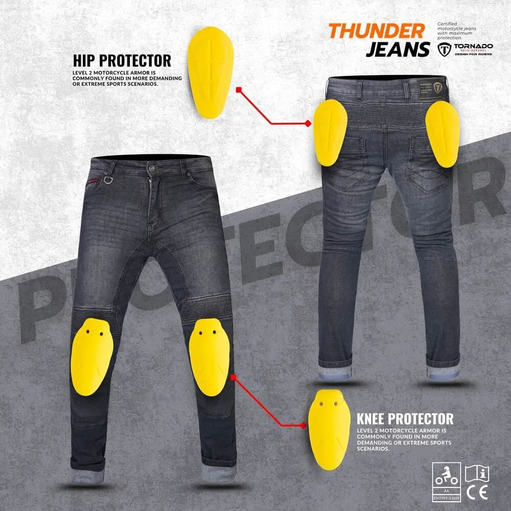 Close-up of protective features on men's motorcycle jeans, highlighting Kevlar lining and impact-resistant knee pads