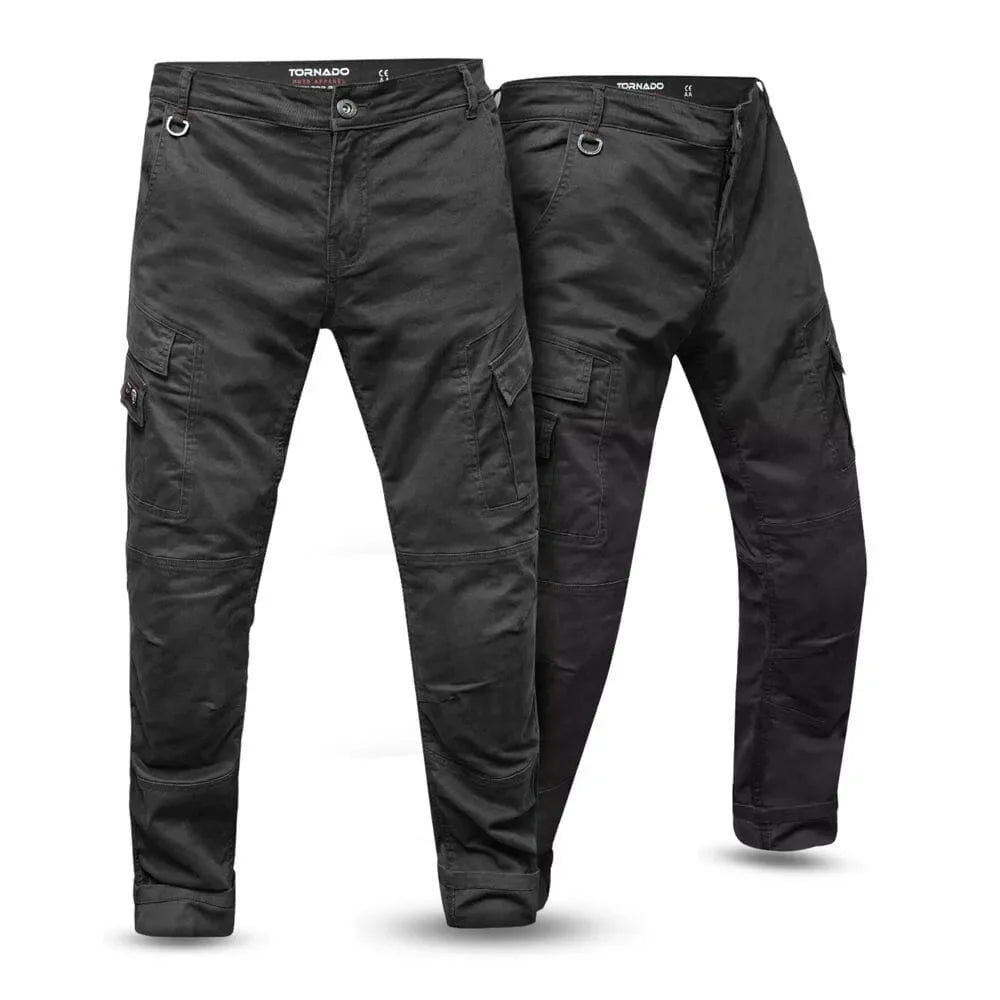 Men’s black Kevlar motorcycle jeans in cargo style, shown from front and back with reinforced armour panels — protective and durable motorbike riding jeans