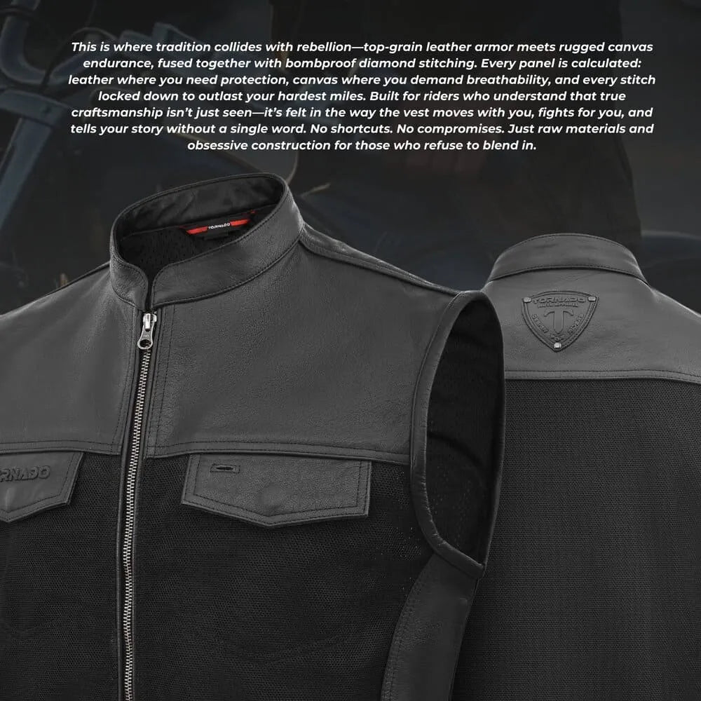 Black leather vest with text about its design and features on a dark background