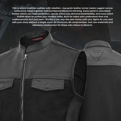 Black leather vest with text about its design and features on a dark background