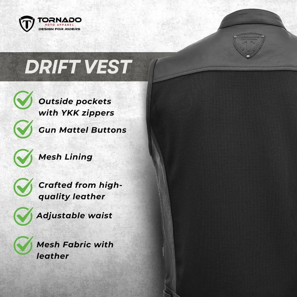 Tornado Drift Vest with features listed on a gray background