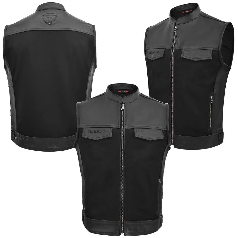Black and gray vest shown from front, back, and side views on a white background.