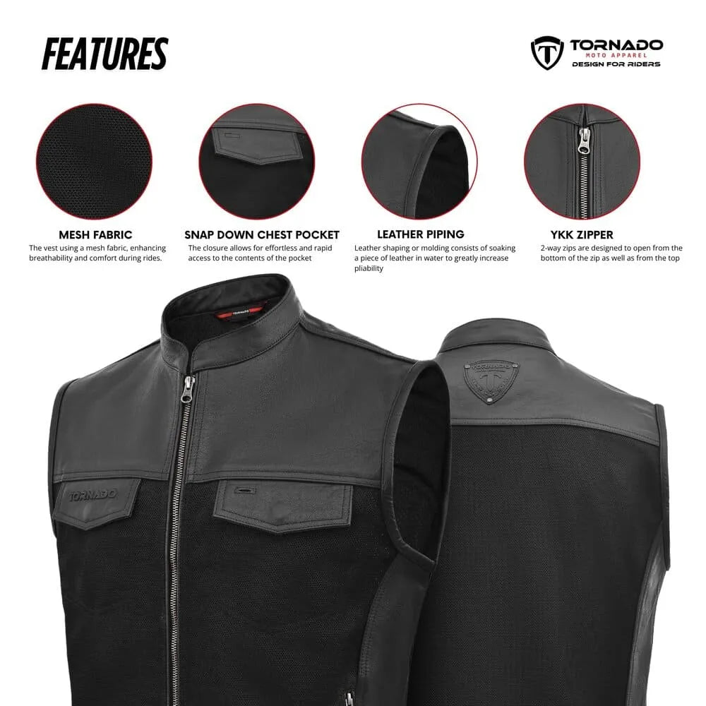 Black motorcycle vest with features highlighted on a white background, featuring the Tornado brand.