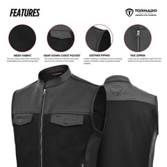 Black motorcycle vest with features highlighted on a white background, featuring the Tornado brand.