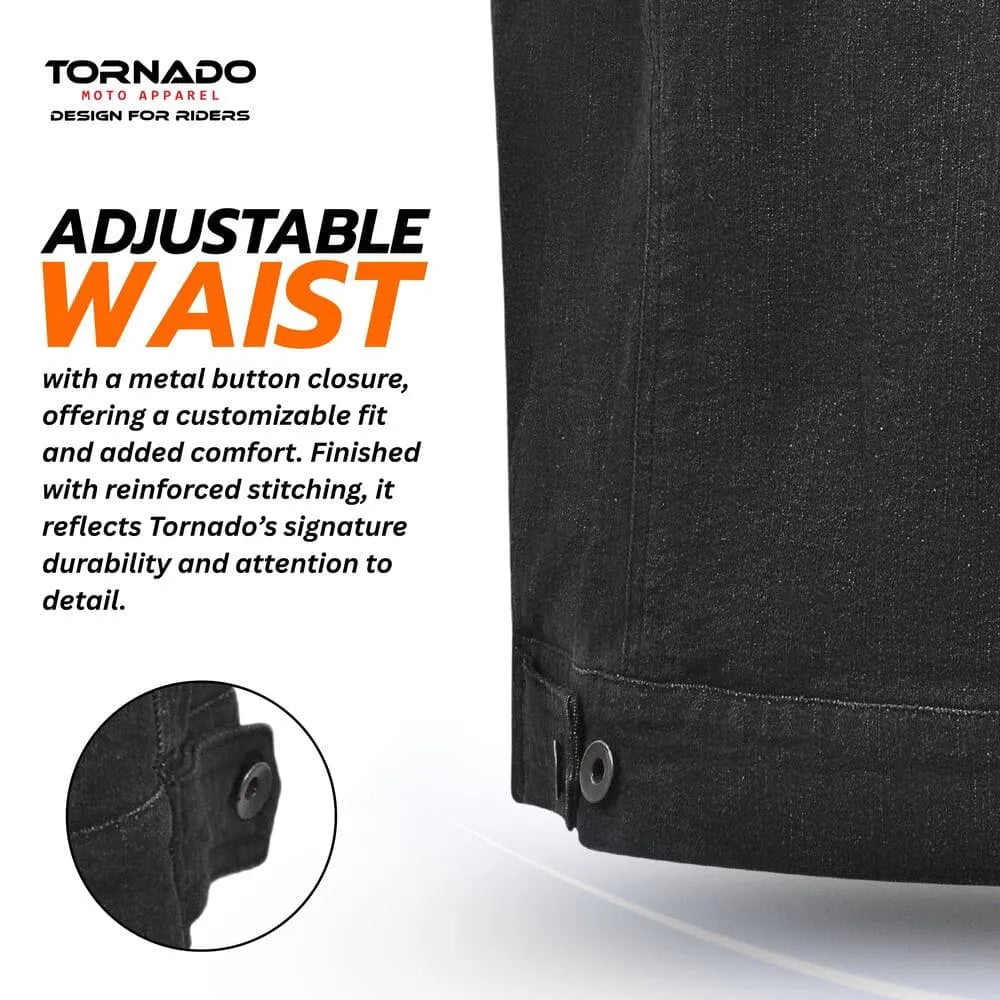 Black pants with adjustable waist feature and Tornado branding